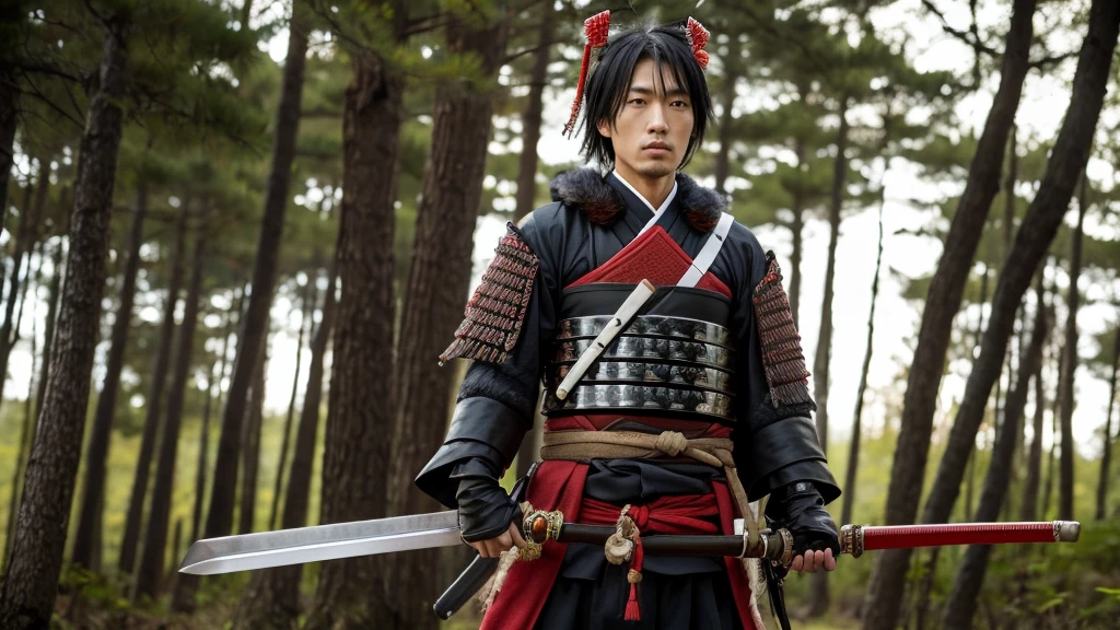 A Japanese male samurai covered in weapons,
Man in samurai costume holding sword in forest