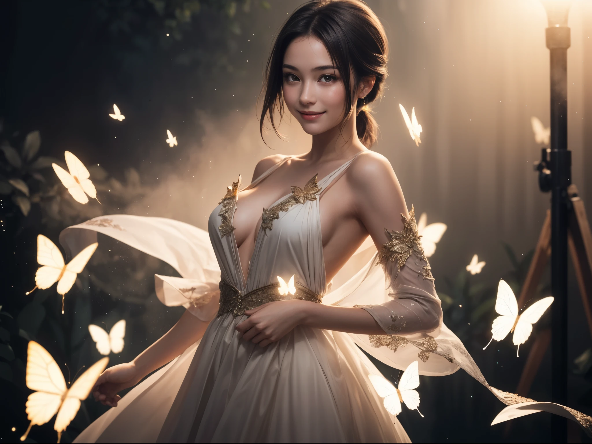 1girl, detailed face, (wet hair:0.6), looking at viewer, glittering glowing butterflies, glittering dust, sideboob, shoulder, blurry background, (realistic:1.3), dreamy, magical, mesmerizing, masterpiece, intricate details, high resolution, soft focus, soft light, professional lighting, calm smile, blush, detailed skin, photorealistic, short bob hair, ponytail, (tyndall effect:1.2), (solo, full body), (, cute:1.2), (breasts:1.2),