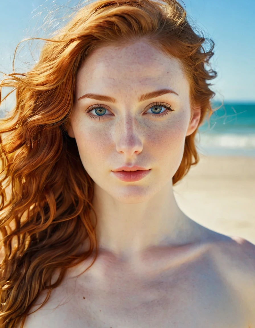 Photography full body portrait of a very beautiful realistic girl, in the beach, porcelain skin, very light skin, very pale skin, redhead, wavy, open hair, Detail of skin structure, hazel eyes, Slit eyes, small-nose, small nostril, think of arched eyebrows, thick lower lip, seductive glance, happy face, unique face, detailed photo, foto realista, Masterpiece Image, sharp image, clear daylight outside