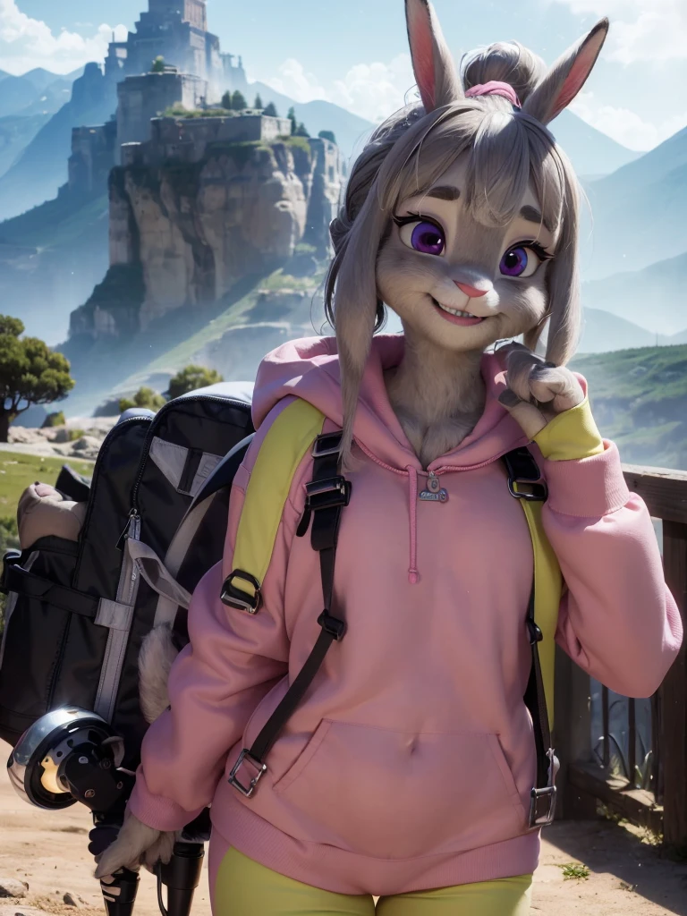 Highest quality,
masterpiece,
Ultra-realistic,
Super detailed,
Beautiful details,
4K，8K，upper,
pixar,
Photo realistic,
Medium Shot,
Background is ((hiking course)),
Realistic lighting,
((looking at the camera)),
hiking lady,

((Anthropomorphic rabbit)),
Detailed animals,
Complex patterns,
(Furry:1.35),
(All skin is grey:1.35),
(The body is fluffy and bushy:1.1),
Realistic fur,

Human hand,

(Judy Hopps face:1.3),
((ponytail hairstyle)),
((side part bangs)), bangs,
((dark gray hair color)),
Purple eyes,
{Eye highlights, Clear eyes, Eyes sparkling, Large, round pupils},
Detailed Iris, 
(Eyebrows raised:1.2),
(Crescent eyebrows:1.3),
(Bunny ears:1.3),
smile, big smile, pure smile,
raised corners of mouth,

The woman is wearing fleece jacket,
The woman is wearing trekking bottoms,
((pink fleece jacket)),
((yellow green bottoms)),
carry a backpack,

(alone:1.5),
(1 Female:1.5),
Only 1 character,
Perfect Anatomy,

Lighting forward,
Lighting front,
sunlight, 
Intricate details, 
Ray Tracing, 
Realistic, 