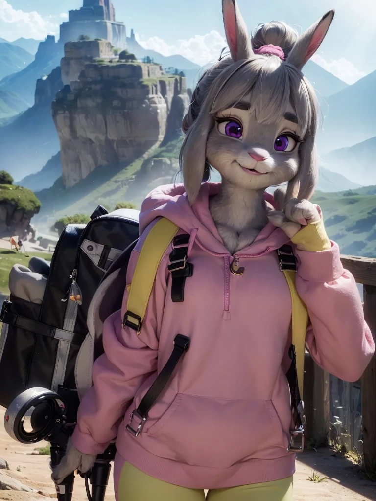 Highest quality,
masterpiece,
Ultra-realistic,
Super detailed,
Beautiful details,
4K,8K,upper,
pixar,
Photo realistic,
Medium Shot,
Background is ((hiking course)),
Realistic lighting,
((looking at the camera)),
hiking lady,
((Anthropomorphic rabbit)),
Detailed animals,
Complex patterns,
(Furry:1.35),
(All skin is grey:1.35),
(The body is fluffy and bushy:1.1),
Realistic fur,
Human hand,
(Judy Hopps face:1.3),
((ponytail hairstyle)),
((side part bangs)), bangs,
((dark gray hair color)),
Purple eyes,
{Eye highlights, Clear eyes, Eyes sparkling, Large, round pupils},
Detailed Iris,
(Eyebrows raised:1.2),
(Crescent eyebrows:1.3),
(Bunny ears:1.3),
smile, big smile, pure smile,
raised corners of mouth,
The woman is wearing fleece jacket,
The woman is wearing trekking bottoms,
((pink fleece jacket)),
((yellow green bottoms)),
carry a backpack,
(alone:1.5),
(1 Female:1.5),
Only 1 character,
Perfect Anatomy,
Lighting forward,
Lighting front,
sunlight,
Intricate details,
Ray Tracing,
Realistic,