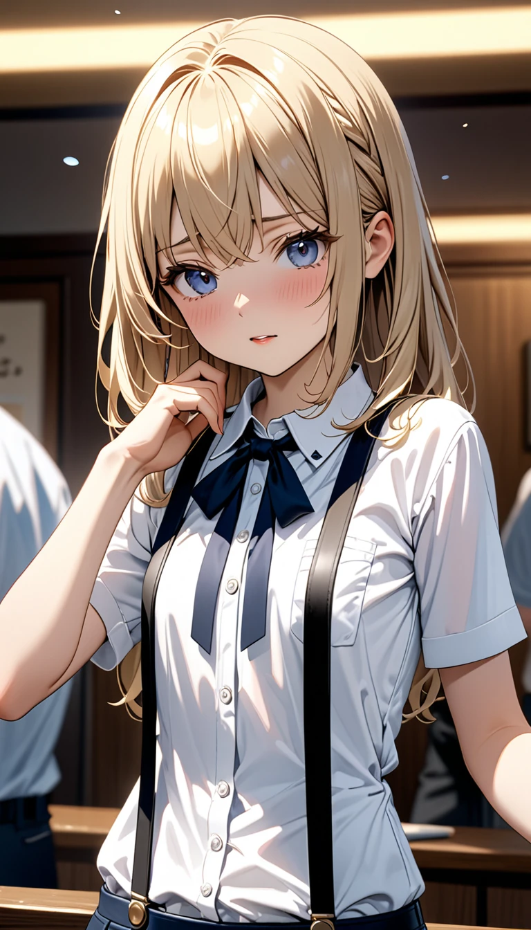(Masterpiece、Highest quality、Very detailed、4K)、One Woman、17 years old、suspenders、stand