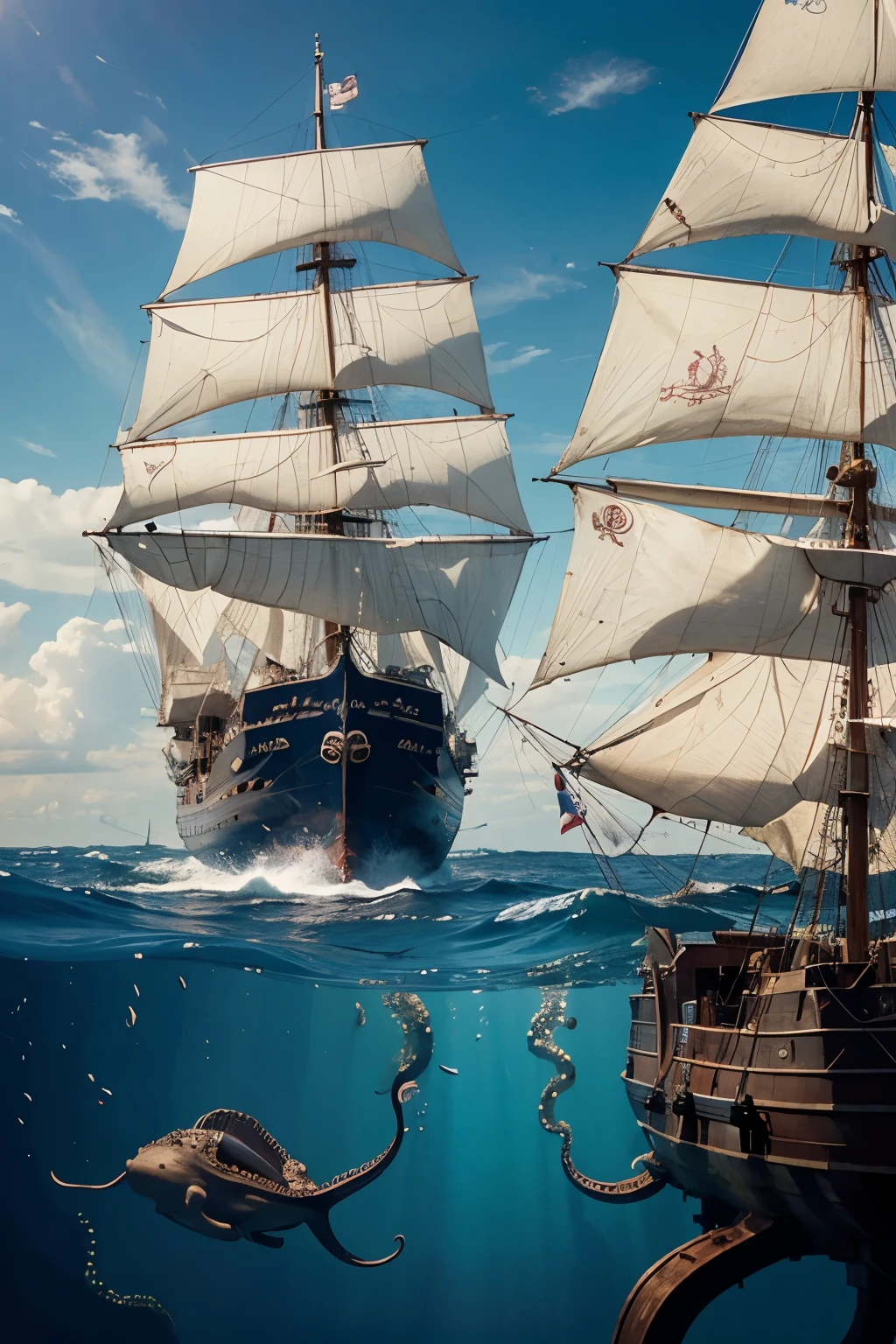 an octopus and a ship with sails, an octopus from under the water embraces the ship with its tentacles