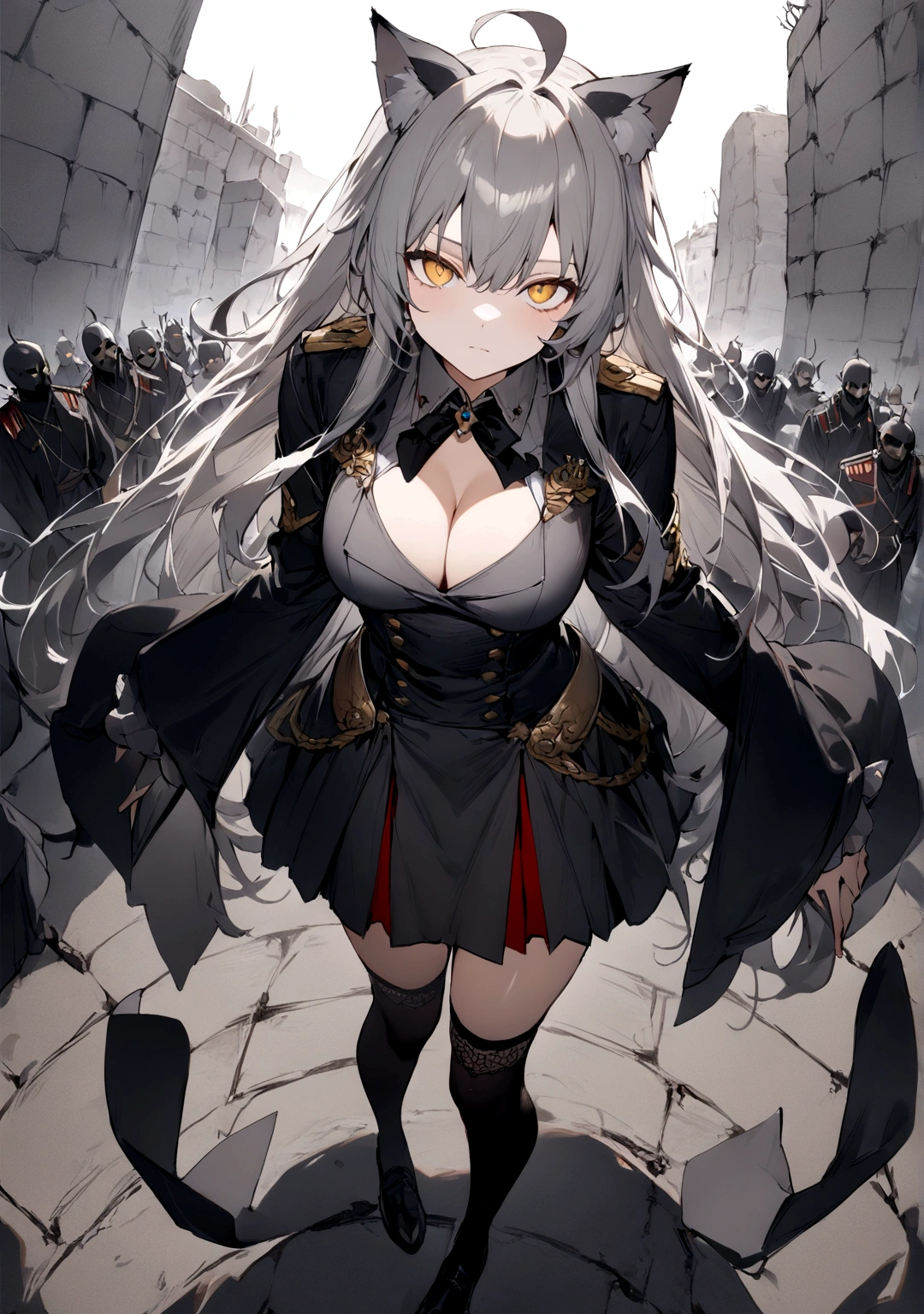 Dynamic Angles、Raising the German flag、Suspicious Gathering、Surrounded by enemies、(masterpiece, best quality:1.2), 1girl, 独奏、Gray cat ears、Grey long hair、Ahoge、Yellow Eyes、Gray cat ears、Background of military bases、Fisheye Lens、battlefield、Shadows of light and darkness、Expressionless、Grim face、battle、Black knee socks、Cleavage、