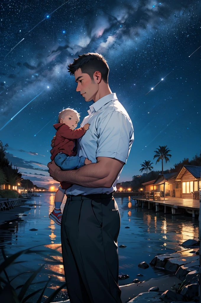 a father holding his baby boy at the seaside at night, starry night sky, shiny stars,