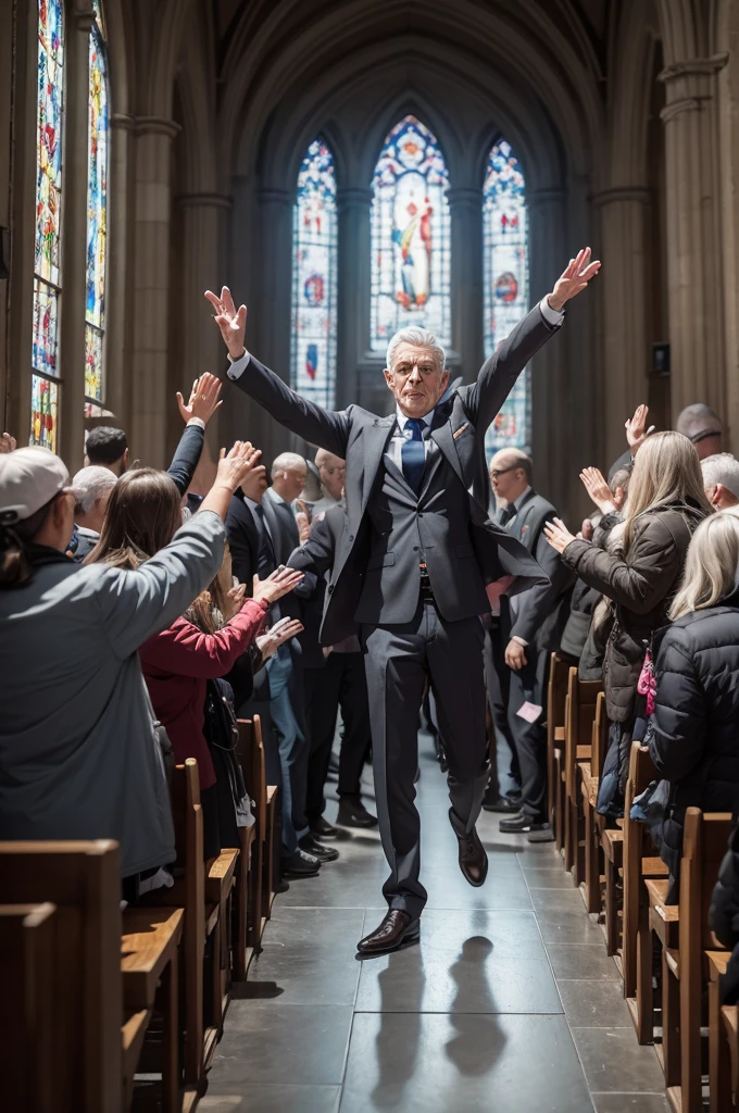 ((best quality)), ((masterpiece)), (detailed), perfect face Inside a crowded church. People are sitting on benches.
A gray-haired person standing, in the spotlight, dressed as the character Magneto, two X-men, stopped, releasing good energy through the hands onto people with arms outstretched in a position that looks like the salute. The perspective of the image should leave this person as the focus.