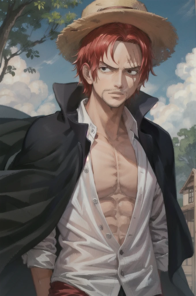 (masterpiece, best quality), intricate details,
1boy, man, red hair, straw hat, Shnks, shanks \(one piece\), scar on face, short hair, shirt, white shirt, male focus, open clothes, collared shirt, pants, cape, coat, open shirt, facial hair, scar, sandals, pectorals, partially unbuttoned, pectoral cleavage, coat on shoulders, nature, scenery, upper body, straw hat,