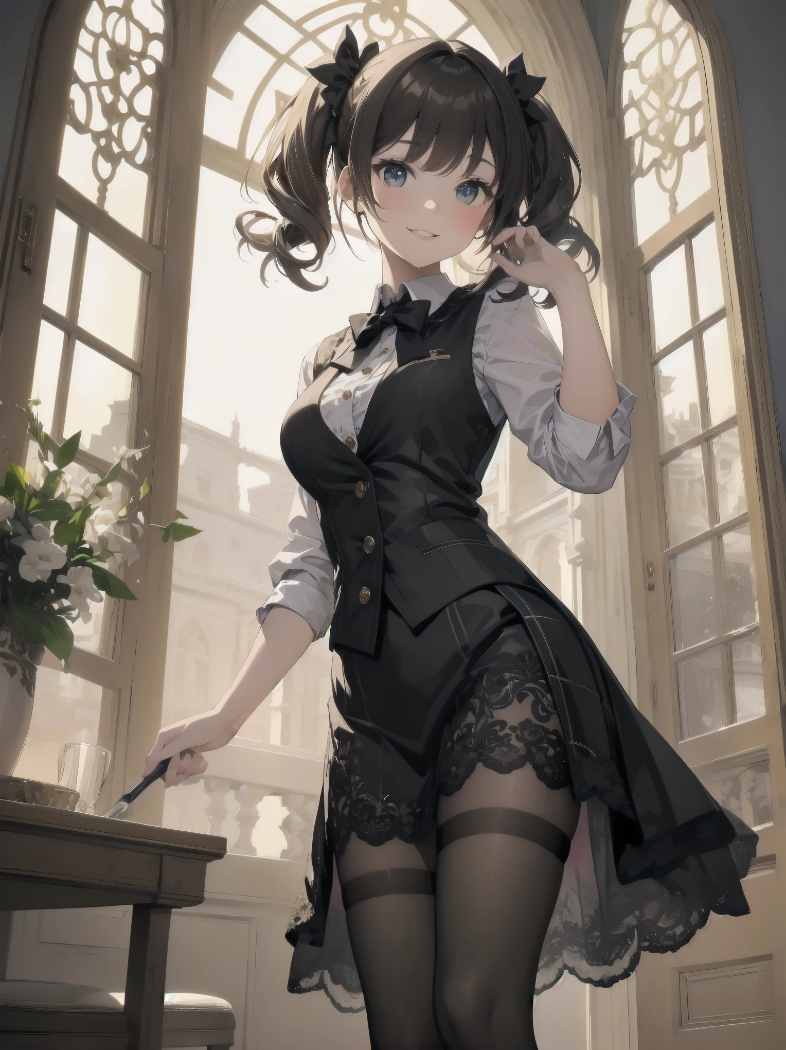 A lavish, photorealistic illustration of Soro, a charming 19th-century maiden, exudes elegance in a masterfully crafted scene. Framed by a ornate, gilded archway, she stands poised, her twintails adorned with sparkling bows, her cardigan vest and short-sleeved shirt perfectly complementing her plaid skirt. Over black legwear, her loafers add a touch of whimsy. A radiant smile spreads across her face, her eyes sparkling like diamonds in the soft, golden light. Every detail, from the intricate lace trim to the delicate folds of her garments, is meticulously rendered by a master illustrator's hand