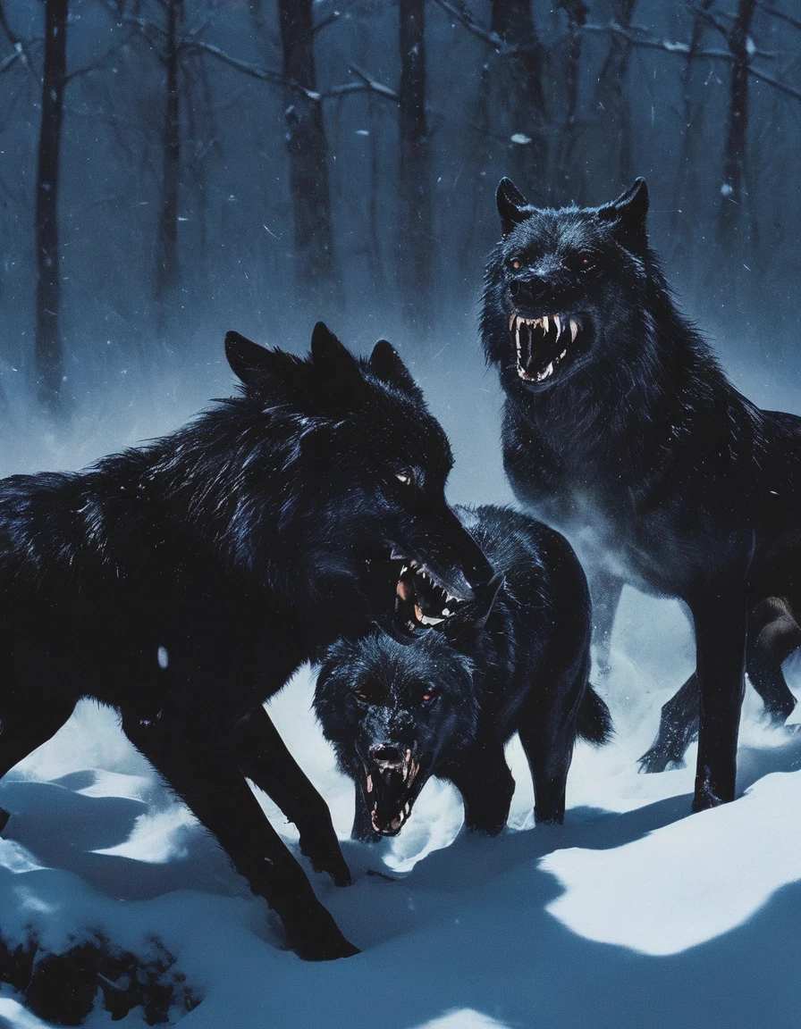 black wolves epic fighting in winter at night with blizzard snow and blood