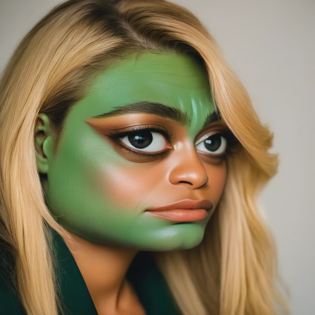A portrait of (((pepe_frog))) woman with a long blonde hair