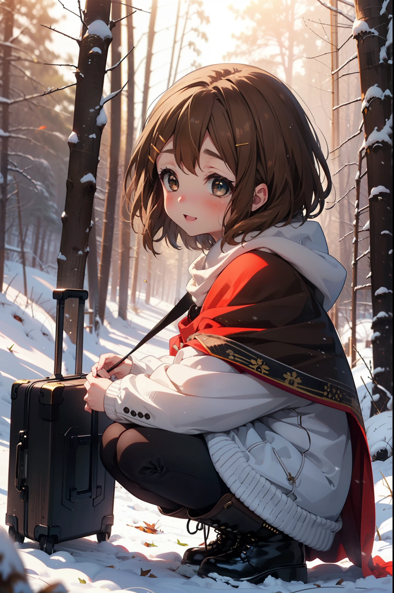 yuihirasawa, Yui Hirasawa, short hair, Brown Hair, hair ornaments, (Brown eyes:1.5), Hair Clip、smile,smile,blush,White Breath,
Open your mouth,snow,Ground bonfire,, Outdoor, boots, snowing, From the side, wood, suitcase, Cape, Blurred, , forest, White handbag, nature,  Squat, Mouth closed, Cape, winter, Written boundary depth, Black shoes, red Cape break looking at viewer, Upper Body, whole body, break Outdoor, forest, nature, break (masterpiece:1.2), Highest quality, High resolution, unity 8k wallpaper, (shape:0.8), (Beautiful and beautiful eyes:1.6), Highly detailed face, Perfect lighting, Highly detailed CG, (Perfect hands, Perfect Anatomy),