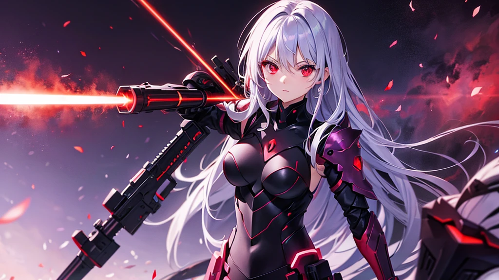 armor、Gray Hair、Red-eyed anime girl holding a gun in front of a purple and red background, Gapmore Grim Dark, portrait Gapmore Grim Dark, gapmoe yandere, Red eyes glow, Red lasers, Red laser, Best anime 4K Kona-chan wallpapers, Laser Wipe, With glowing red eyes, Highest quality