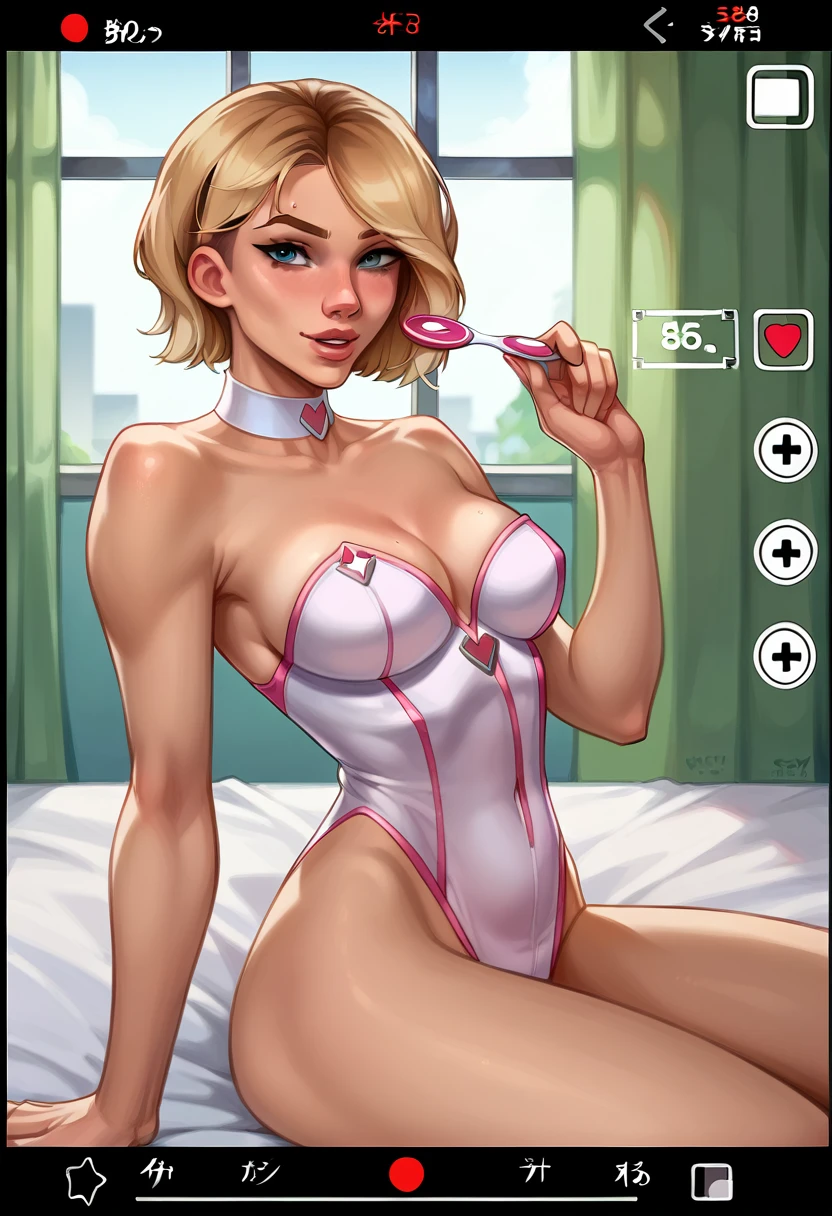 score_9, score_8_up, score_7_up, BREAK 1girl, solo, (short hair Gwen Stacy:1.5), looking at viewer, parted lips, wearing (sexy nurse costume:1.0), mature woman, hair tie, hot, posing in her bedroom, erotic poses, viewfinder.