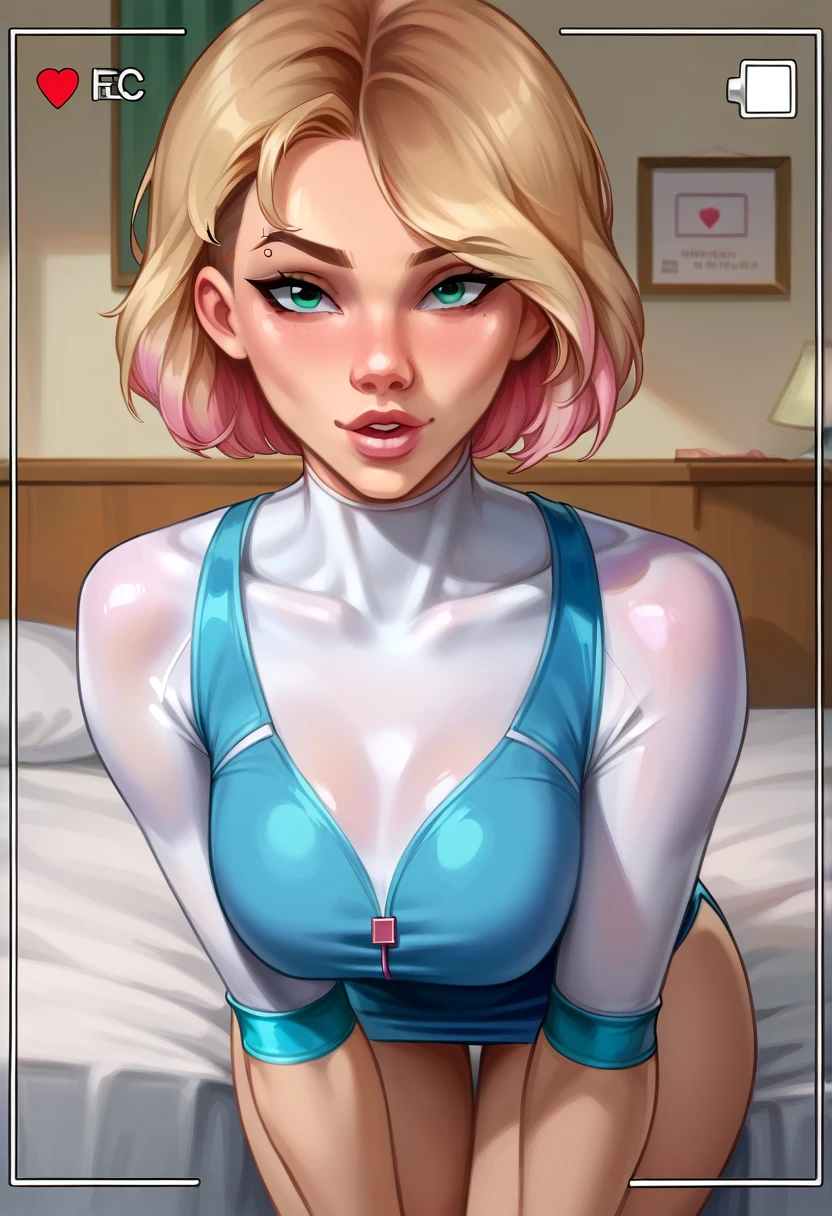 score_9, score_8_up, score_7_up, BREAK 1girl, solo, (short hair Gwen Stacy:1.5), looking at viewer, parted lips, wearing (sexy nurse costume:1.0), mature woman, hair tie, hot, posing in her bedroom, erotic poses, viewfinder.