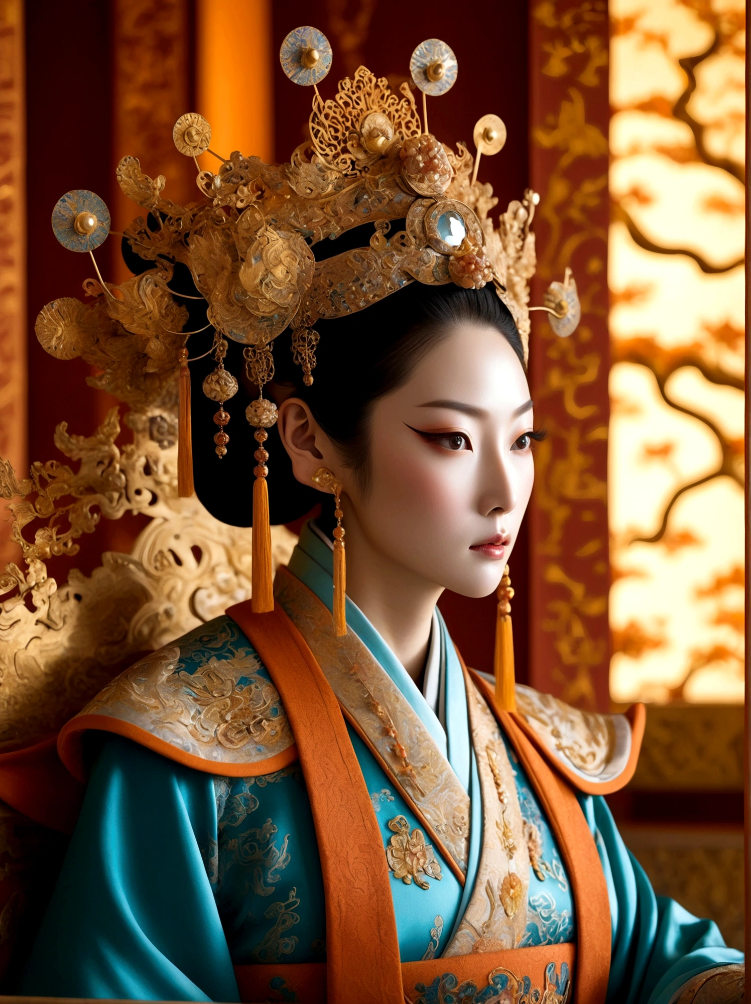 (Chinese Tang Dynasty Empress:1.3),A royal figure in a lavish robe, adorned with a large crown, is seated on a throne, The setting is otherworldly and surreal, located in the vast expanse of space, The figure is perched on a miniature planet that's enveloped entirely by the rich fabric of the robe, reflecting an element of royal extravagance