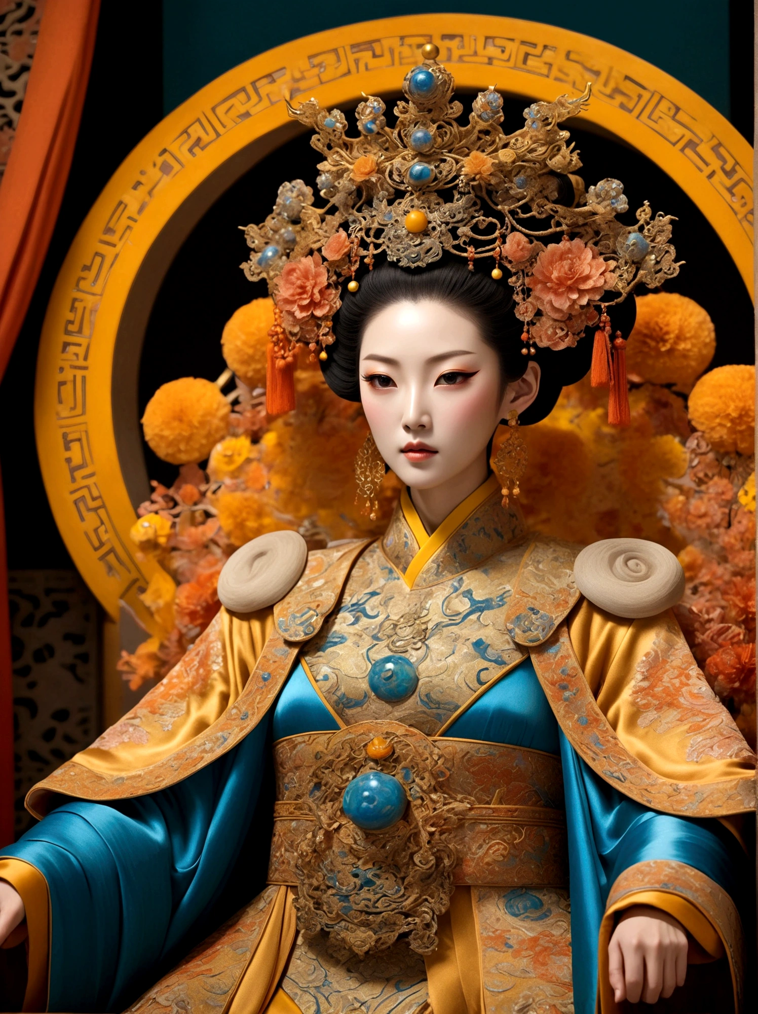 (Chinese Tang Dynasty Empress:1.3),A royal figure in a lavish robe, adorned with a large crown, is seated on a throne, The setting is otherworldly and surreal, located in the vast expanse of space, The figure is perched on a miniature planet that's enveloped entirely by the rich fabric of the robe, reflecting an element of royal extravagance