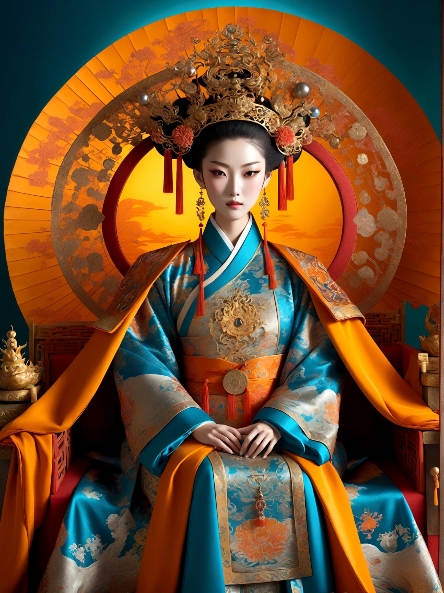 (Chinese Tang Dynasty Empress:1.3)，A royal figure in a lavish robe, adorned with a large crown, is seated on a throne, The setting is otherworldly and surreal, located in the vast expanse of space, The figure is perched on a miniature planet that's enveloped entirely by the rich fabric of the robe, reflecting an element of royal extravagance