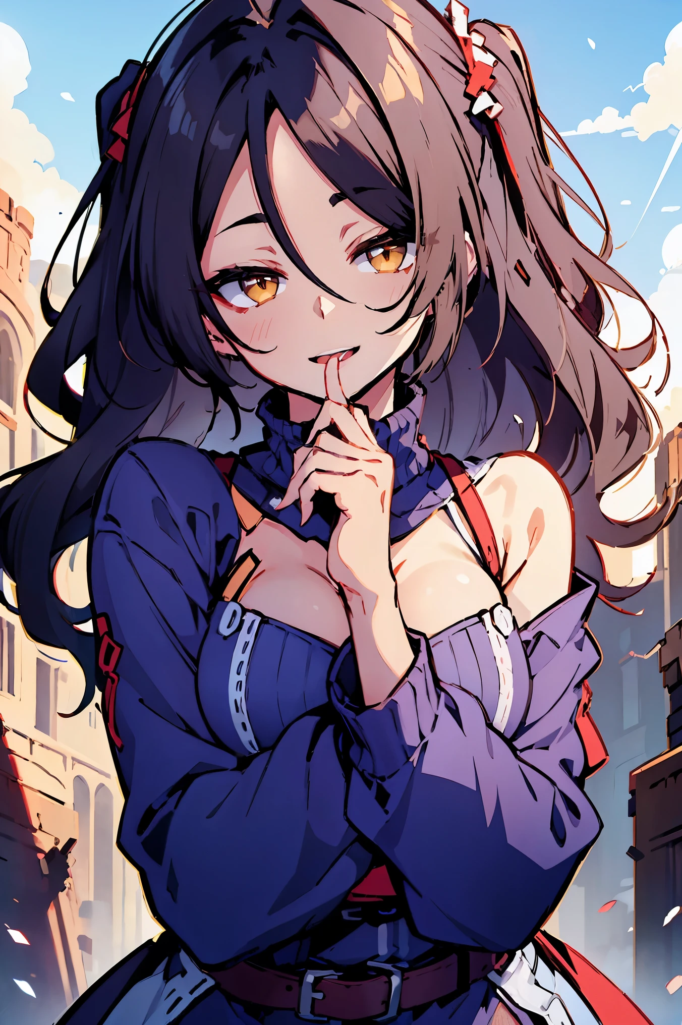 (masterpiece:1.2), (high quality:1.2), (hui xiyi:0.7)rekkyo sensen, rekkyou sensen, girls with((black hair, tits cleavage, waving is hands, breasts close up, (suspenders, dress:0.65), (belts:0.7), (blue clothes, frills shirt, white knit sweater:1.2), exposed breasts, straps, ribbon, upper body, (one side up, long wavy hair:1.55), long sleeves, perfect hands, perfect fingers)), background with((fantasy world, ruin, castle, beautiful sky, shining sky, sunshine))