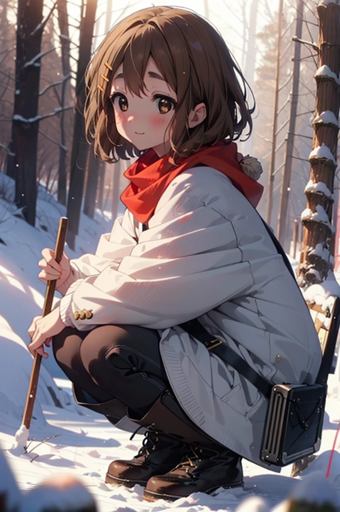 yuihirasawa, Yui Hirasawa, short hair, Brown Hair, hair ornaments, (Brown eyes:1.5), Hair Clip、smile,smile,blush,White Breath,
Open your mouth,snow,Ground bonfire,, Outdoor, boots, snowing, From the side, wood, suitcase, Cape, Blurred, , forest, White handbag, nature,  Squat, Mouth closed, Cape, winter, Written boundary depth, Black shoes, red Cape break looking at viewer, Upper Body, whole body, break Outdoor, forest, nature, break (masterpiece:1.2), Highest quality, High resolution, unity 8k wallpaper, (shape:0.8), (Beautiful and beautiful eyes:1.6), Highly detailed face, Perfect lighting, Highly detailed CG, (Perfect hands, Perfect Anatomy),