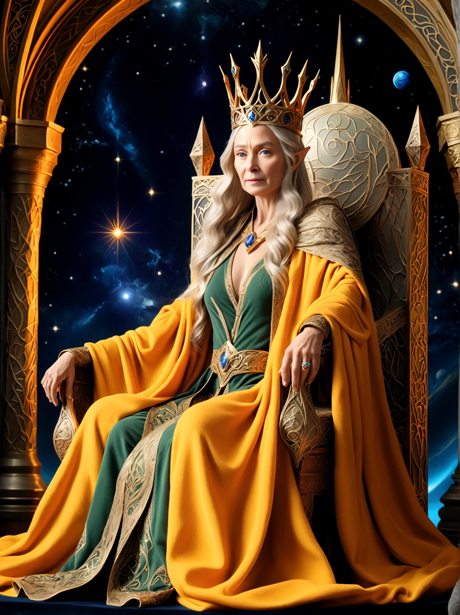 (The Queen of Middle-earth:1.3),A royal figure in a lavish robe, adorned with a large crown, is seated on a throne, The setting is otherworldly and surreal, located in the vast expanse of space, The figure is perched on a miniature planet that's enveloped entirely by the rich fabric of the robe, reflecting an element of royal extravagance