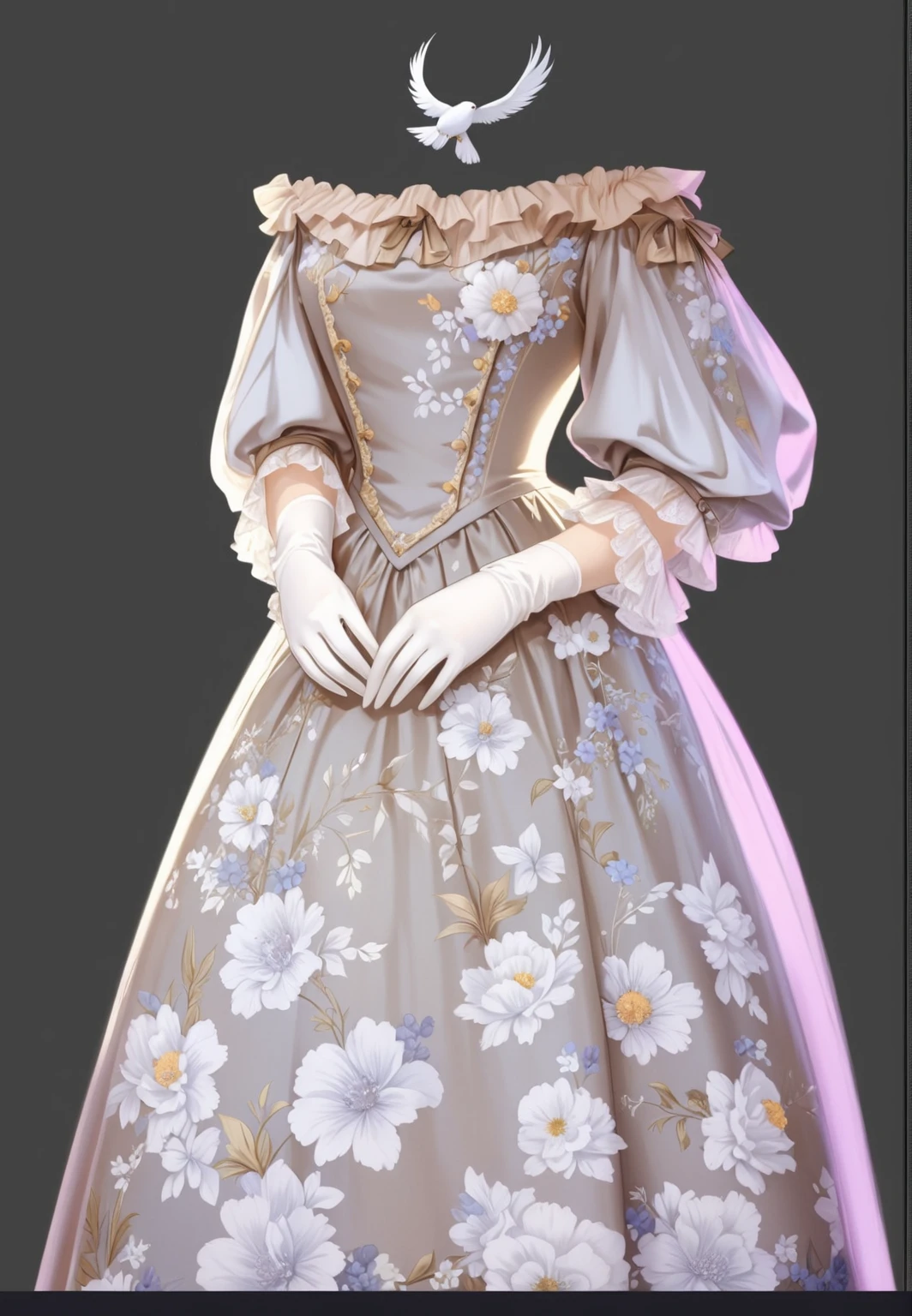 beautiful illustration, ultra-detailed, masterpiece, anime style, victorian era, victorian style, victorian dress, dress with flowers printed, silk dress, white gloves,