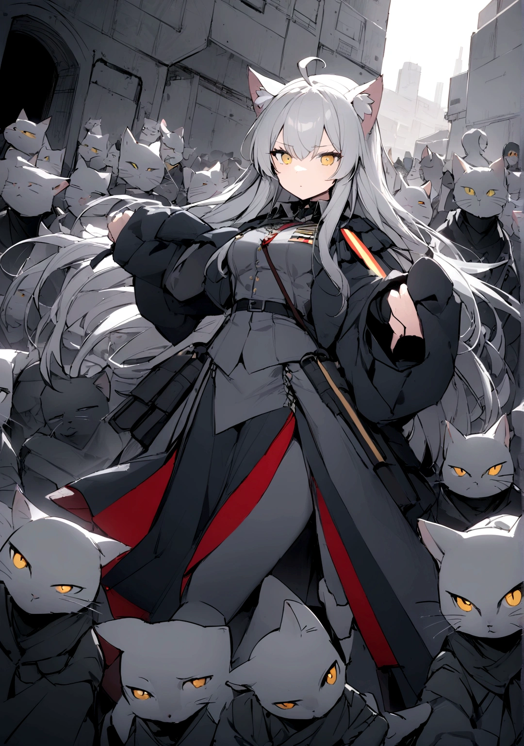 Dynamic Angles、Raising the German flag、Suspicious Gathering、Surrounded by enemieasterpiece, best quality:1.2), 1girl, 独奏、Gray cat ears、Grey long hair、Ahoge、Yellow Eyes、Gray cat ears、Background of military bases、