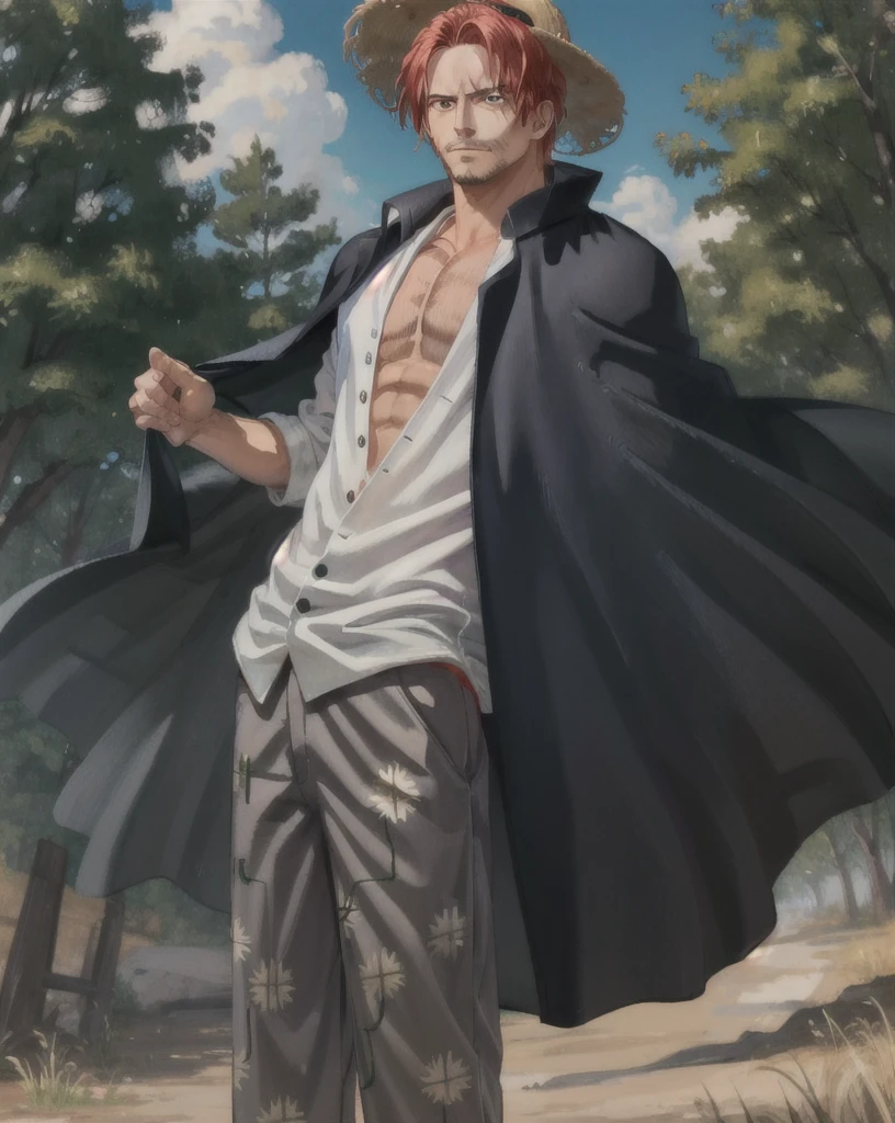 (masterpiece, best quality), intricate details,
1boy, man, red hair, straw hat, Shnks, shanks \(one piece\), scar on face, short hair, shirt, white shirt, male focus, open clothes, collared shirt, pants, cape, coat, open shirt, facial hair, scar, sandals, pectorals, partially unbuttoned, pectoral cleavage, coat on shoulders, nature, scenery, upper body, straw hat,