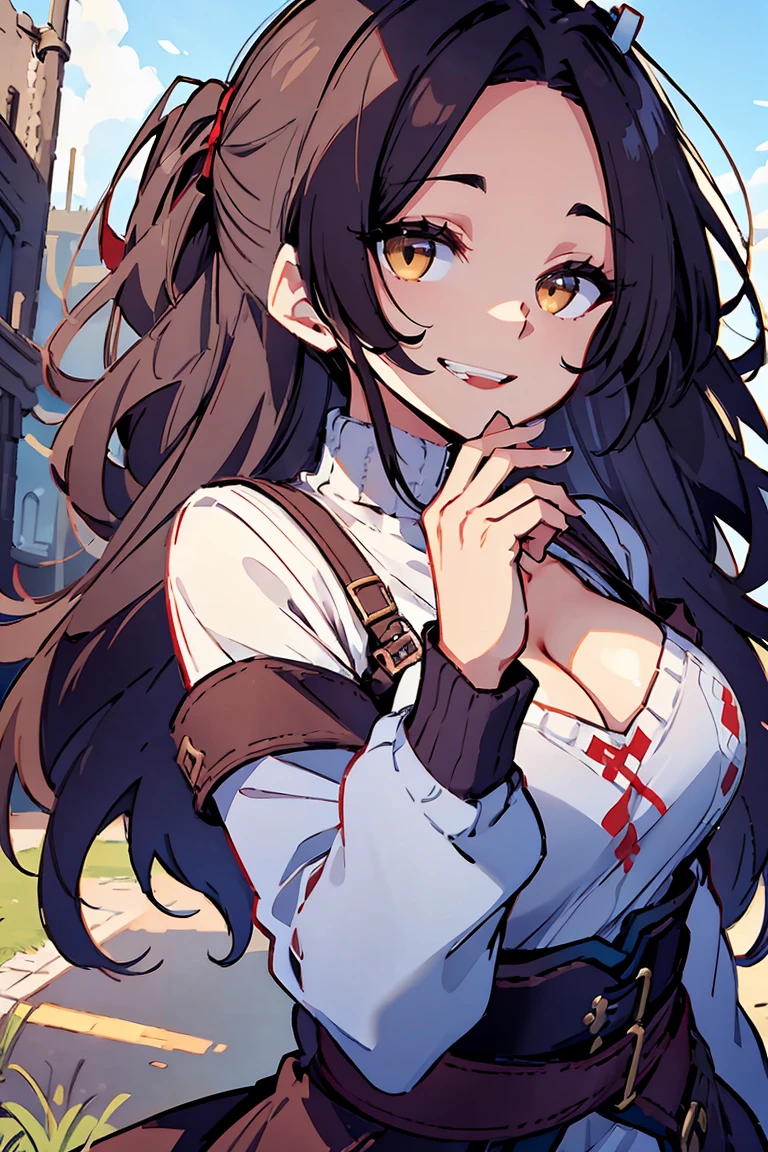 (masterpiece:1.2), (high quality:1.2), (hui xiyi:0.7)rekkyo sensen, rekkyou sensen, girls with((black hair, tits cleavage, waving is hands, breasts close up, (suspenders, dress:0.65), (belts:0.7), (blue clothes, frills shirt, white knit sweater:1.2), exposed breasts, straps, ribbon, upper body, (one side up, long wavy hair:1.55), long sleeves, perfect hands, perfect fingers)), background with((fantasy world, ruin, castle, beautiful sky, shining sky, sunshine))
