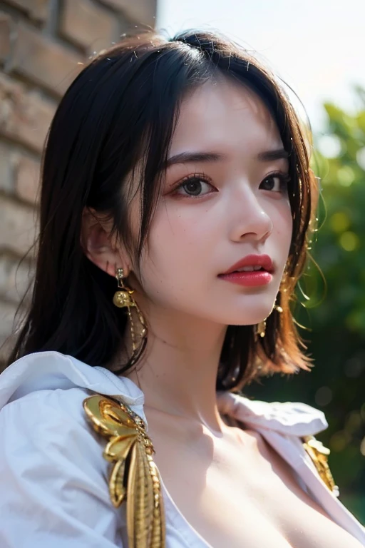 (masterpiece), (best quality), (Practical), Nikon RAW photos, Fuji XT3, (detailed, 21-year-old young female captain, big eyes, Gold snake earrings, Look away), Sensual, (ultra detailed), 8K, 4K, complex, superior_Body, detailed_Face, Optimal lighting, outdoor, cosmetic, Bleached background, Low level,(masterpiece, best quality:1.4), (Face focus:1.5), external, (Close to the sea), 1 Girl, Solitary, Hancock 1, 1 Girl, Boya Hancock, Large Breasts, cleveage, Long hair, Epaulettes, cape, (white cape:1), Top of crop, Long sleeve, Side slits, (Young women in Europe:1), Looking at the audience, Beautiful Smile, beautiful Face, highly detailed Face, highly detailed eyes, subsurFace scattering, Practical pupils, full Face blush, Full lips, detailed background, Depth of Field, Volumetric Lighting, Clear focus, absurd, Practical proportions, (Practical, hyperPractical:1.4), 16k High Dynamic Range