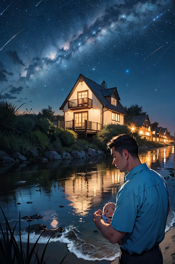 a father holding his baby boy at the seaside at night, starry night sky, shiny stars,