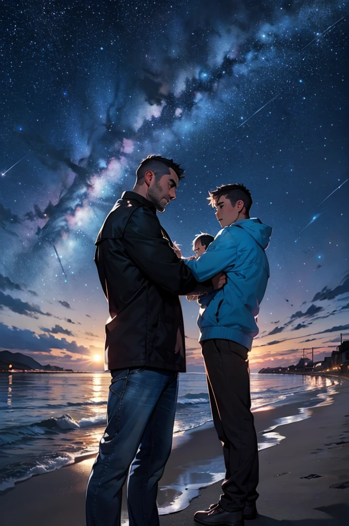 a father holding his baby boy at the seaside at night, starry night sky, shiny stars,