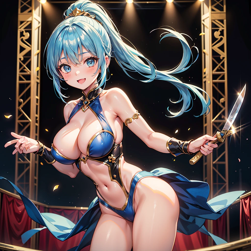 Anime Moe Art Style,Highest quality,High resolution,Anatomically correct,One Girl,Mid-teens,Girl with light blue hair in a ponytail,Very detailed,Fantasy World,Big Breasts,Shiny skin,Beautiful Skin,A rich expression,A big smile,Circus,Stage Costumes,Knife throwing tricks,Detailed drawn eyes,hair ornaments,8K