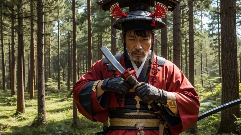 A 50-year-old Japanese male samurai covered in weapons,
Man in samurai costume holding sword in forest