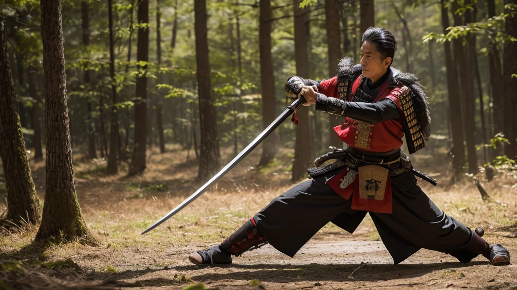 A 50-year-old Japanese male samurai covered in weapons,
Man in samurai costume holding sword in forest