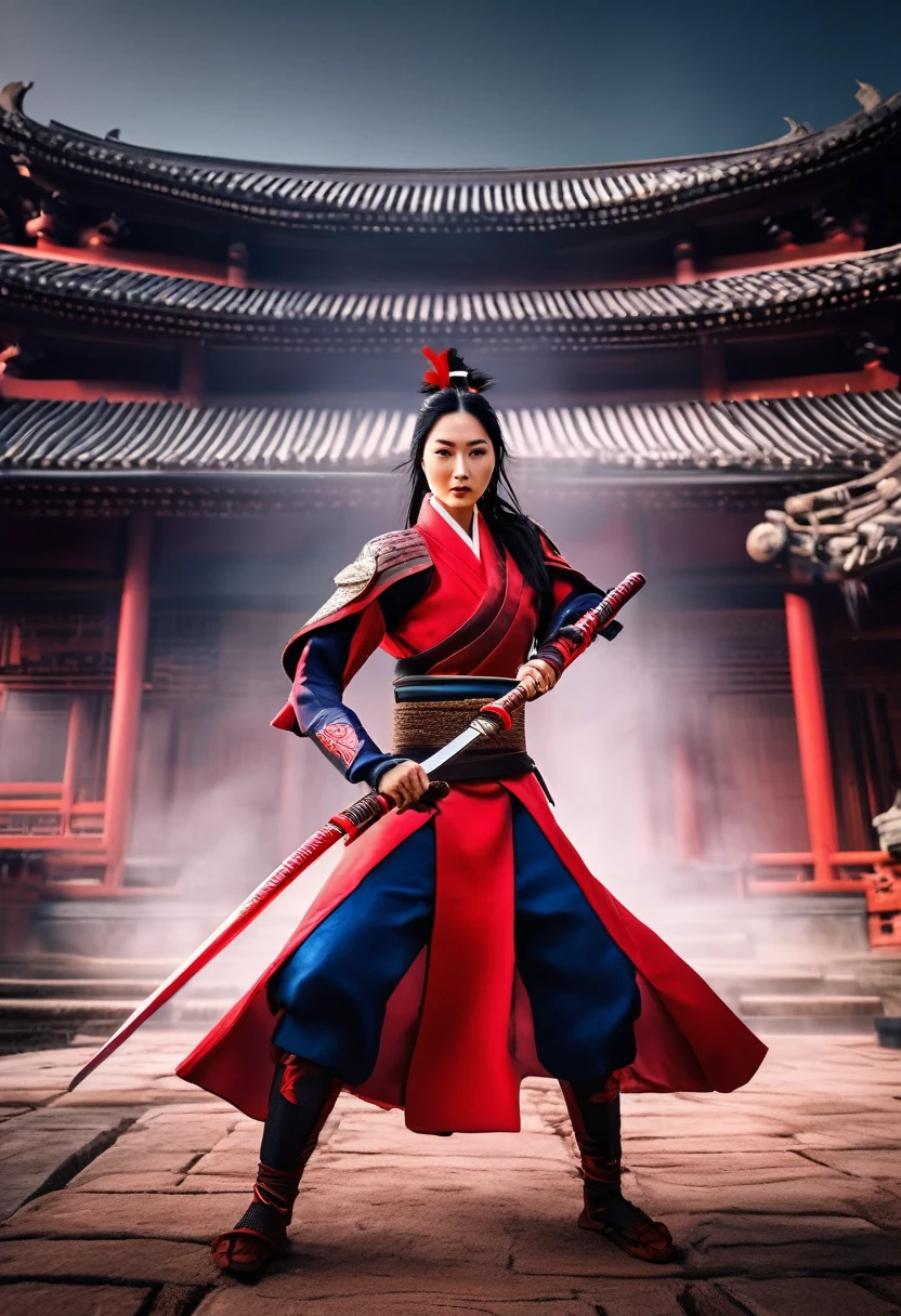 an ultra realistic wide angle epic full body battle shot of Mulan, intricate details, wearing a highly ultra realistic intricate detailed stunning red Samurai costume, ultra detailed sword, smooth edges and curves, surrounded by warriors, war battleground, dark, gothic, Old Japanese architecture palace buildings, photorealistic, cinematic, centered, wet ground, symmetrical volumetric lighting, ambient occlusion, photographed by Akira Kurosawa, inspired by Ran movie, bokeh, particles, ultra detail