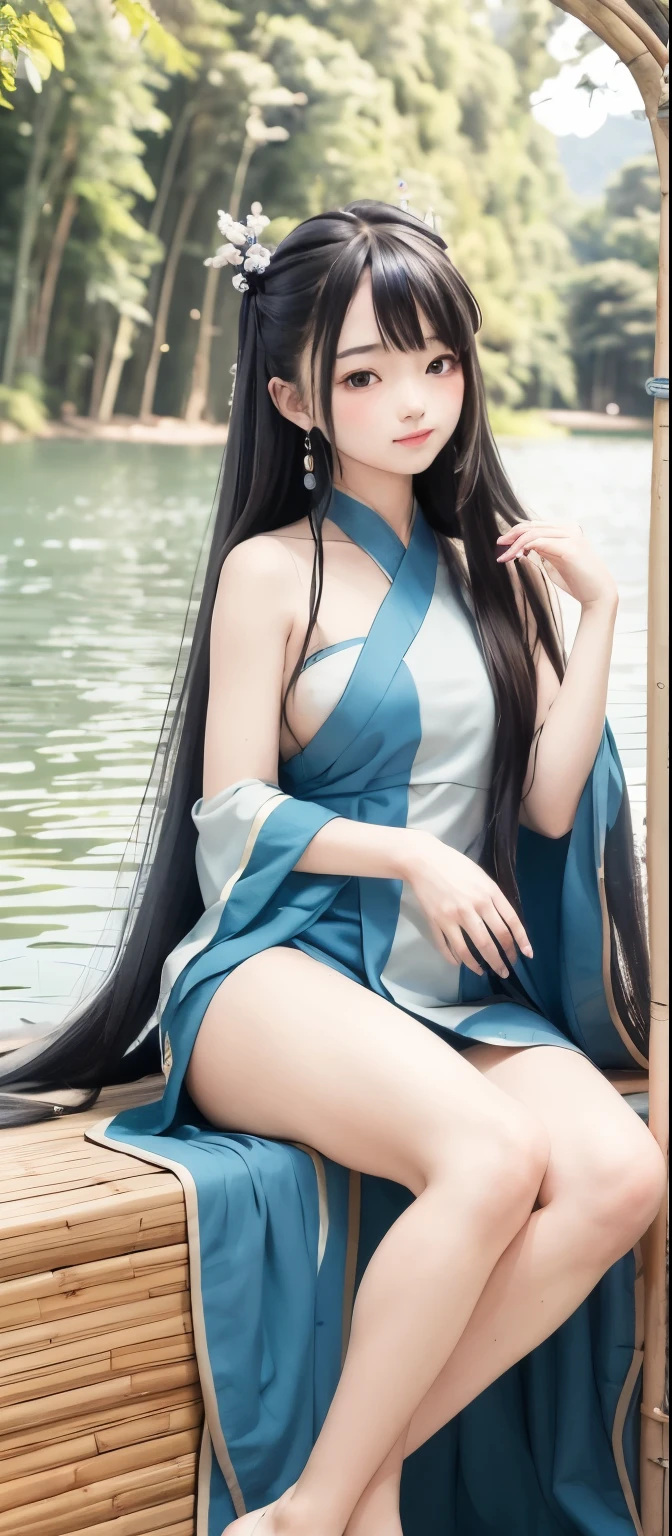 masterpiece, Highest quality, Official Art, 8k wallpaper, Very detailed, figure, 1 Girl, Blue Hair, Long Hair, Fine grain, For rest, Bare shoulders, Hanfu,lake, Pure, A kind smile,bamboo,tea