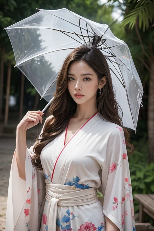 highest quality、Perfect Face、Perfect Style、perfect body、Sunburn、beautiful lady、mature、long curly layer brown hair、Swept-back hair、full body, sexly 、charming、healthy、of the highest quality、8K、
a beautiful lady in kimonos posing for an elegant umbrella, in the style of liam sharp, 32k uhd, webcam, iPhone RAW quality photography, brightened colors, nature in theme, eve ventrue, smooth and curved lines, mid body shot, intensity but pleasent in facial expression. Avant-garde, lines and structure in background.
