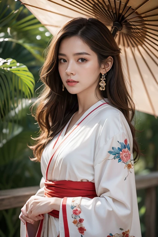 highest quality、Perfect Face、Perfect Style、perfect body、Sunburn、beautiful lady、mature、long curly layer brown hair、Swept-back hair、full body, sexly 、charming、healthy、of the highest quality、8K、
a beautiful lady in kimonos posing for an elegant umbrella, in the style of liam sharp, 32k uhd, webcam, iPhone RAW quality photography, brightened colors, nature in theme, eve ventrue, smooth and curved lines, mid body shot, intensity but pleasent in facial expression. Avant-garde, lines and structure in background.
