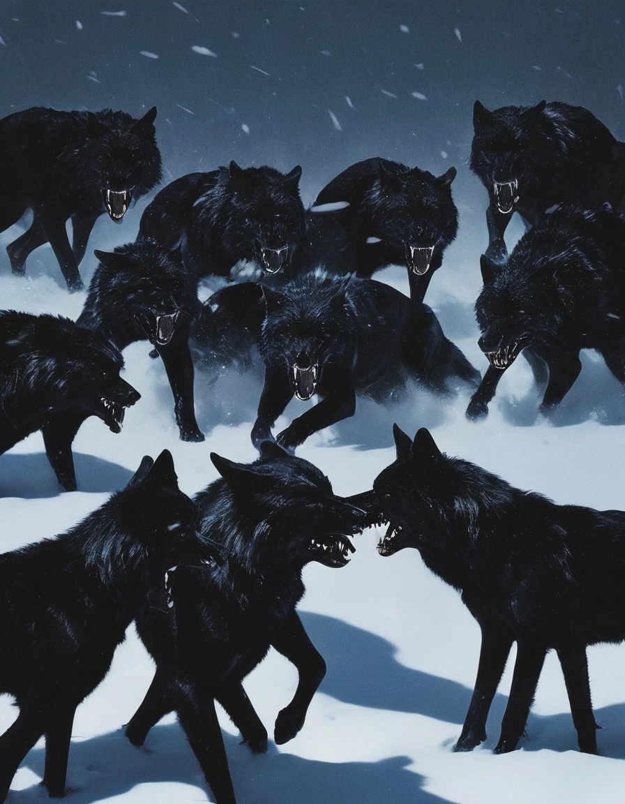 army of black wolves fighting in winter at night, snow with blood background