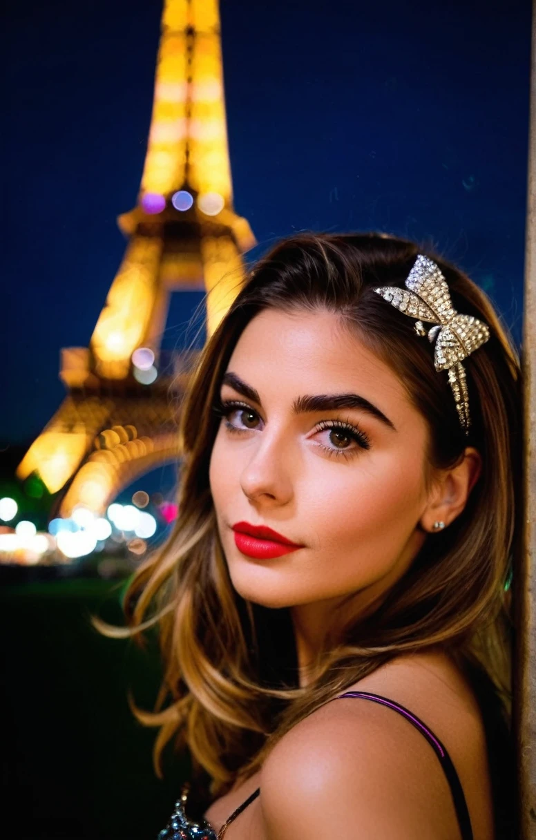 1fille, guapo, paris, Eiffel, nuit, sourcils sexy, regarder le spectateur, head of'artwork, best quality, high resolution, 8K, sharpness, cinematography, Cinematic lighting, Movie scene, muted colors, Professionnel, depth of field, photorealistic, magnificent, Maximum details, (brut, digital SLR, hdr, la plus haute qualité), smooth, roughness, hyper realistic, grain de film, bokeh, epic, spectacular