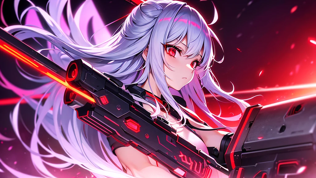 armor、Gray Hair、Red-eyed anime girl holding a gun in front of a purple and red background, Gapmore Grim Dark, portrait Gapmore Grim Dark, gapmoe yandere, Red eyes glow, Red lasers, Red laser, Best anime 4K Kona-chan wallpapers, Laser Wipe, With glowing red eyes, Highest quality