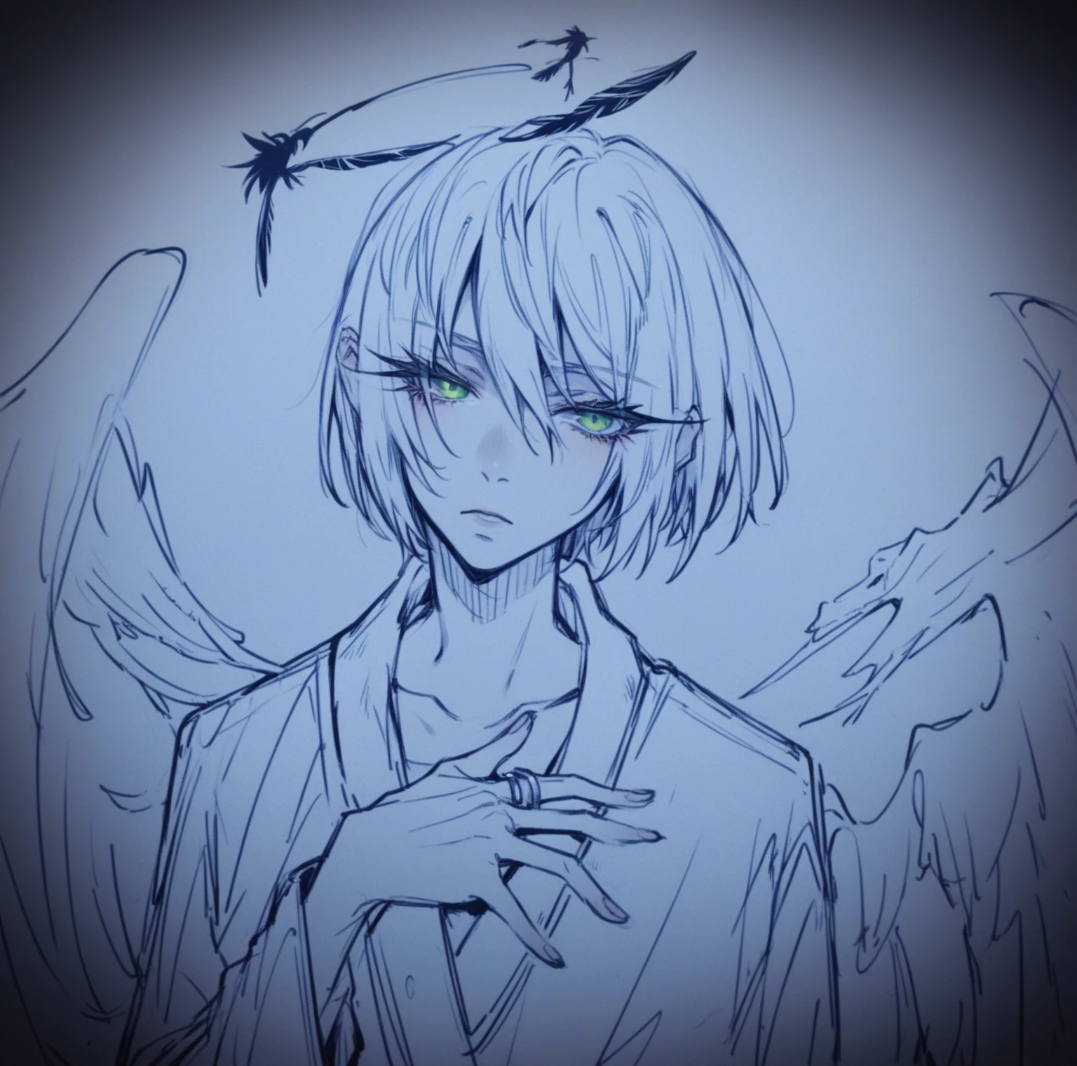 Red Hair,Slightly longer short hair,Yellow-green eyes,Long eyelashes,Androgynous pretty boy,17 years old,A doll-like face,With black feathers,Ring of black angels on the head,The clothes are black uniforms