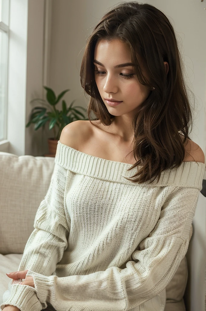 ((best quality)), ((masterpiece)), (detailed), 1girl, off-shoulder sweater,