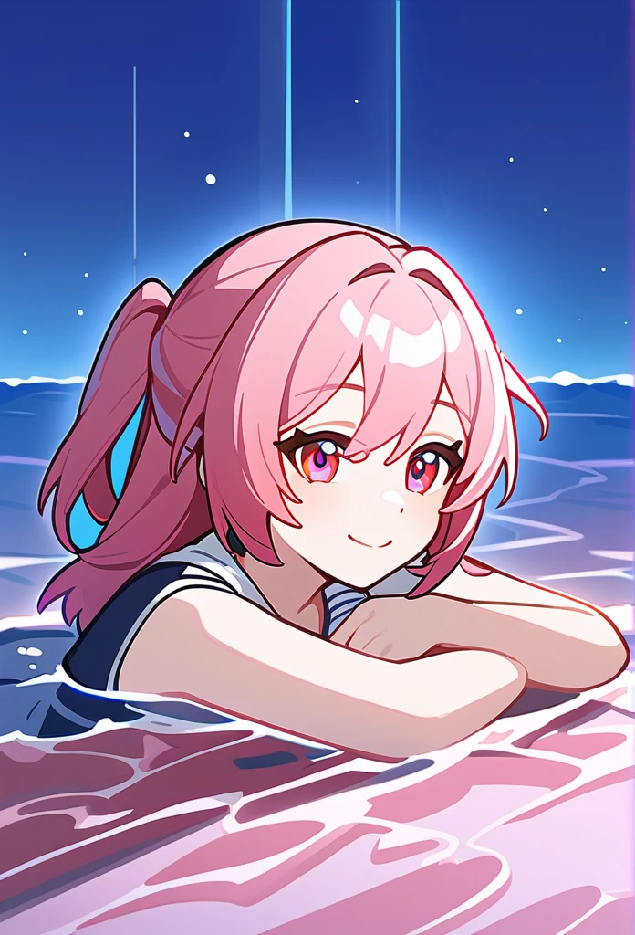 Honkai:star rail art styles, Pink hair, thick twintails, red eyes, swimming club, smile with lively