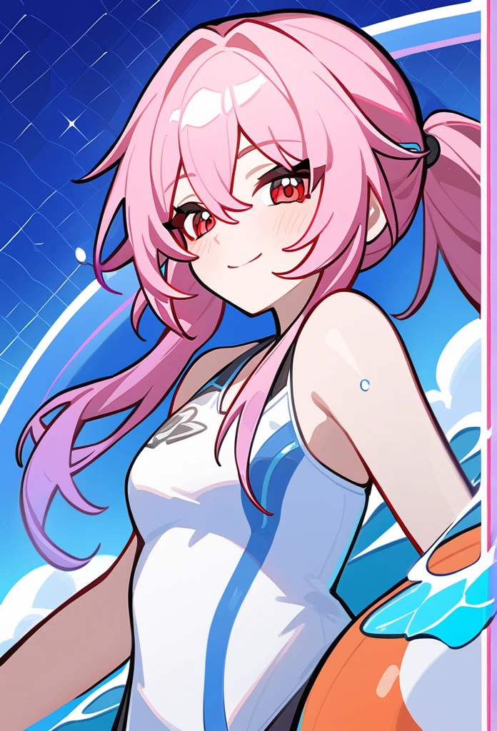 Honkai:star rail art styles, Pink hair, thick twintails, red eyes, swimming club, smile with lively