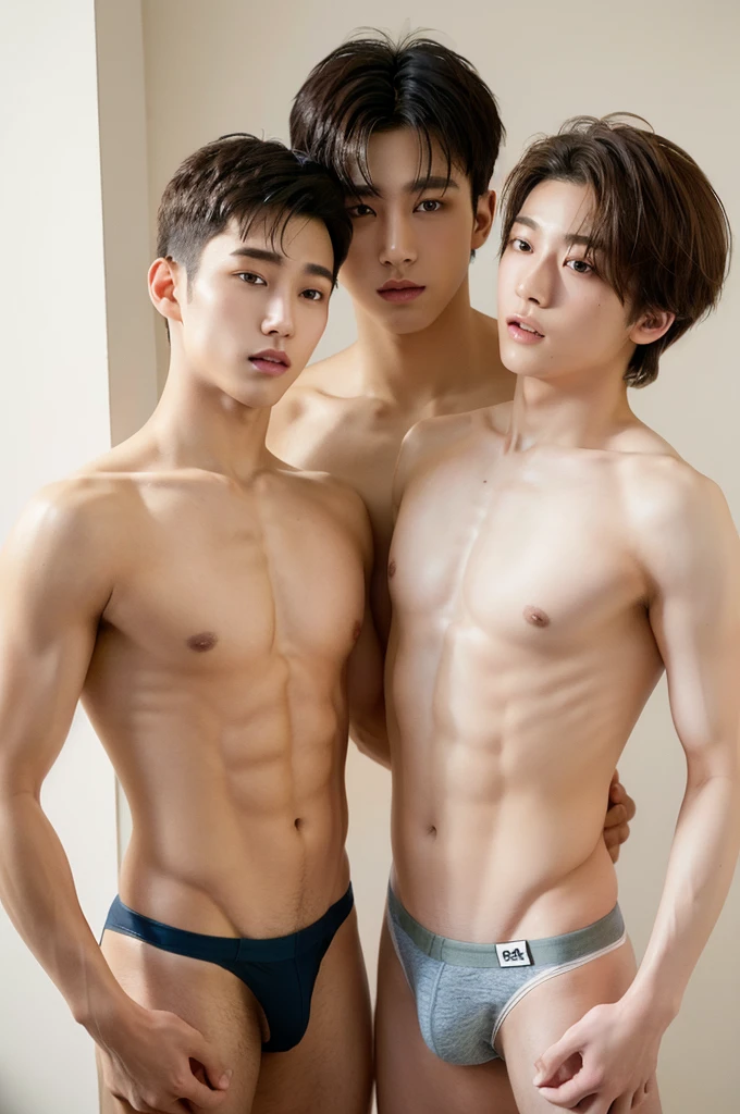 two boys, embrace, (natural, high resolution：1.3, Super fine face and eyes., 18 year old, six pack, muscular, strong, korean, topless, wearing jockstrap or thong, soft light, best quality,