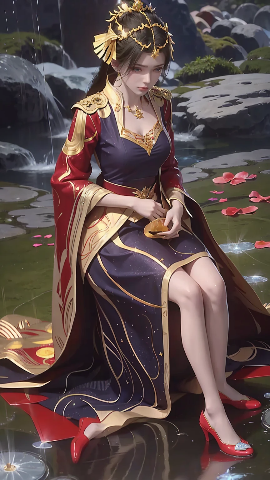 Cartoon woman kneeling on the starry sky, Water splashes at the knees,CG Social Trends, Smooth anime CG art, Starry sky background,Full body view,Royal sister kneeling posture