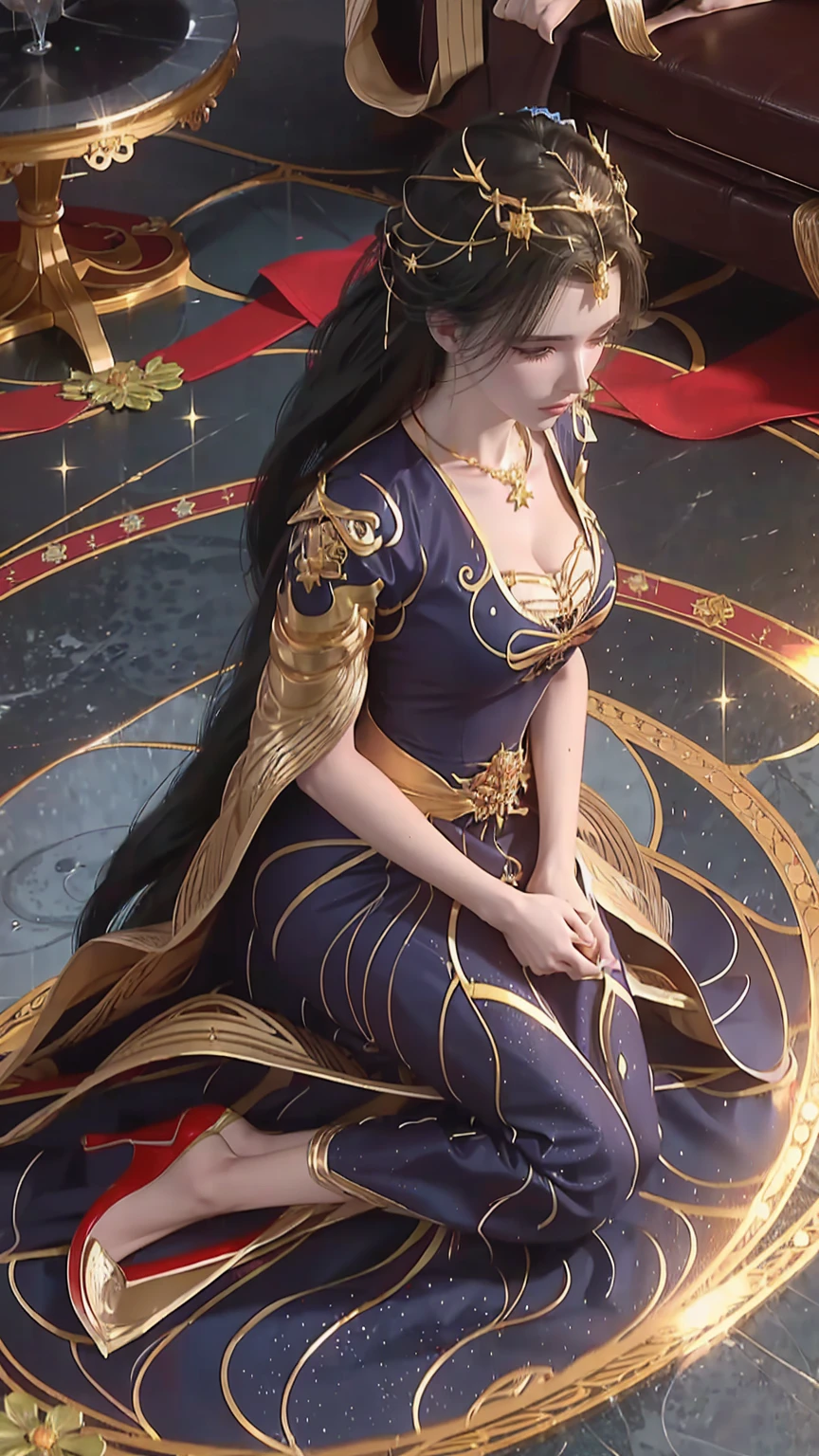 Cartoon woman kneeling on the starry sky, Water splashes at the knees,CG Social Trends, Smooth anime CG art, Starry sky background,Full body view,Royal sister kneeling posture