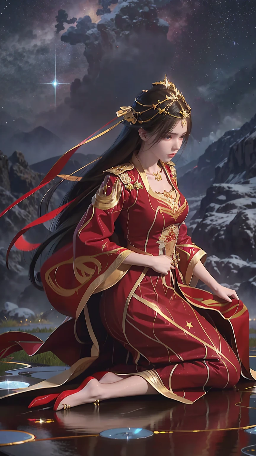 Cartoon woman kneeling on the starry sky, Water splashes at the knees,CG Social Trends, Smooth anime CG art, Starry sky background,Full body view,Royal sister kneeling posture