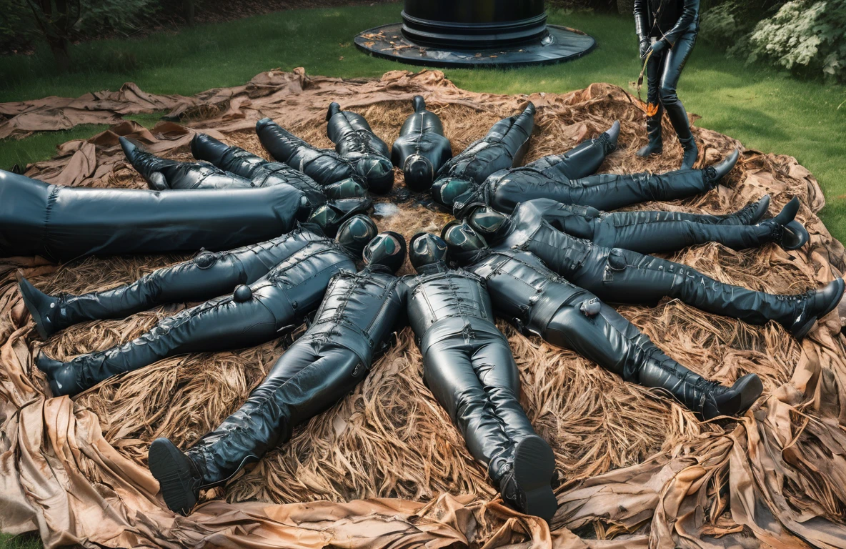 A striking, cinematic photograph of a surreal outdoor scene featuring a dozen black, shiny, and intricately mummified helpless males, completely encased in leather bodybags, laced up snug, multiple black leather straps ensuring their total immobility. black leather bulges. laying in a patch of dried brown grass. Their arrangement forms a circular pattern, with no visible arms or legs. all faces covered by black latex  gasmasks. impressive bulges. to the left, an inflated black latex cylinder presumably  with a man inside of it, sealed air valve. Set against a lush green lawn and trees, an eerie atmosphere is enhanced by the mysterious black cylindrical object in the background. a leather dominatrix in right background lighting brown grass on fire. The overall scene exudes a vibrant and exciting energy, evoking a sense of occult ritual. helpless males having a hot time!, photo, cinematic, vibrant